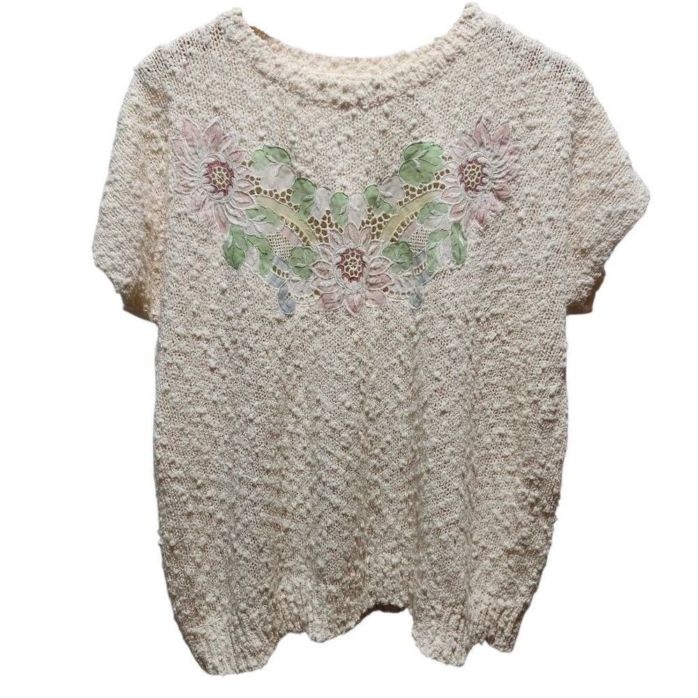 Vintage Donagain sleeveless sweater popcorn knit white‎ pastel floral size 42 12